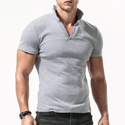 Collar T-shirt men's short sleeved solid color V-neck elastic men's top