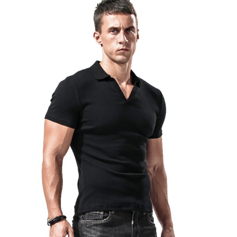 Collar T-shirt men's short sleeved solid color V-neck elastic men's top