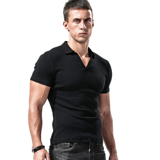 Collar T-shirt men's short sleeved solid color V-neck elastic men's top